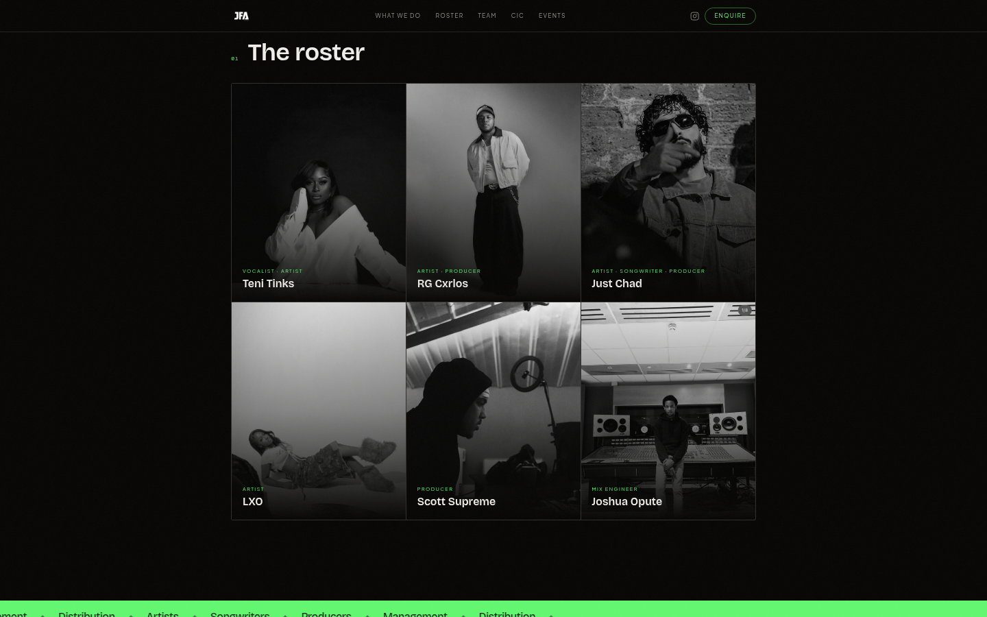 JFA Music Group roster — full grid of managed artists, producers and engineers