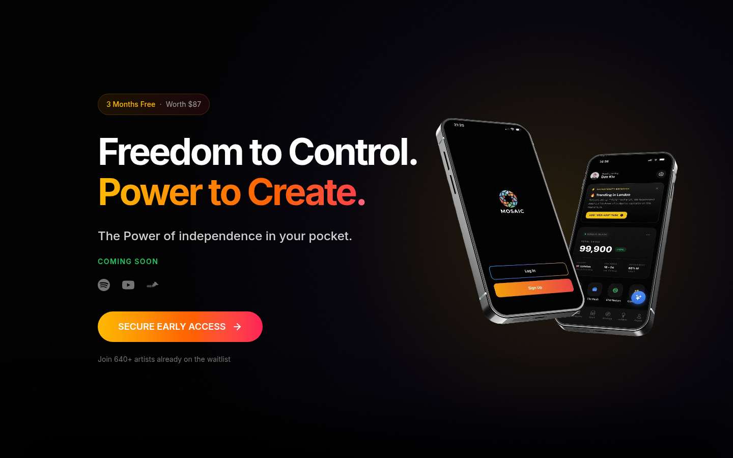 Mosaiic — artist portal marketing site built by SSG Creative